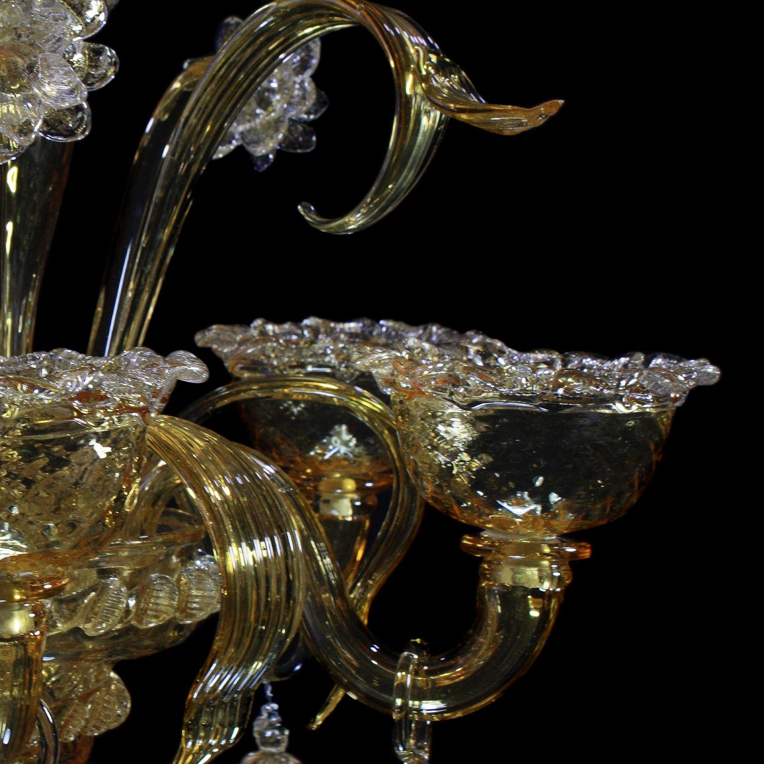 Artistic Chandelier 5 Arms Amber Murano Glass, Gold Details by Multiforme For Sale 1