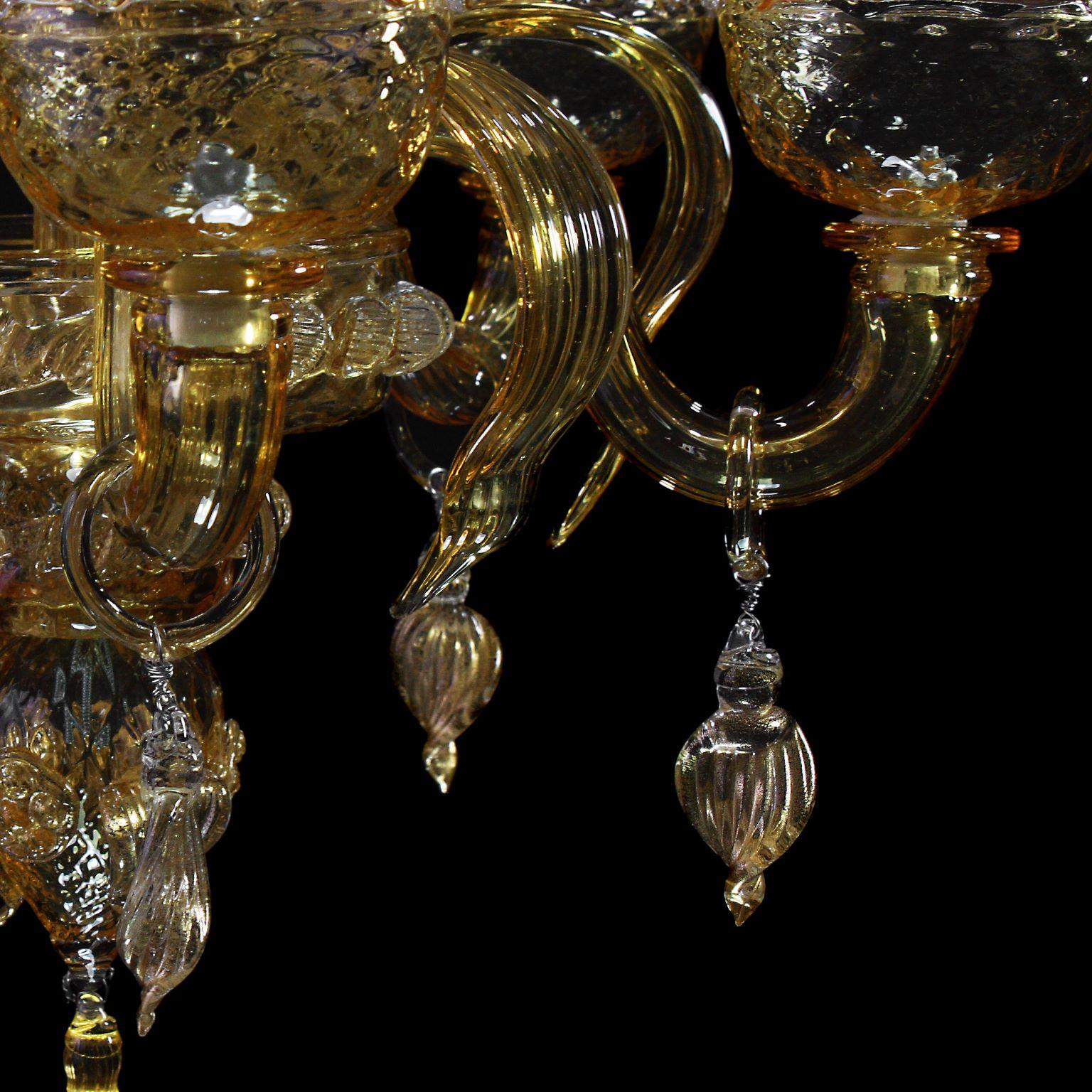 Artistic Chandelier 5 Arms Amber Murano Glass, Gold Details by Multiforme For Sale 2