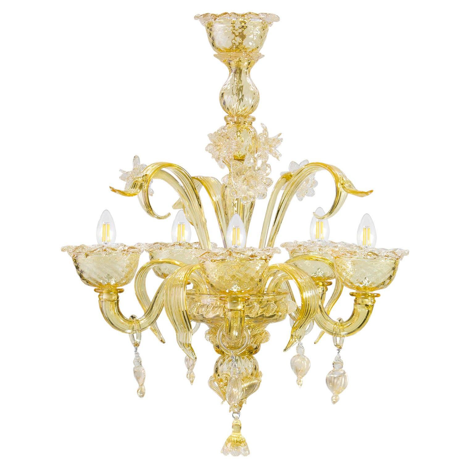Artistic Chandelier 5 Arms Amber Murano Glass, Gold Details by Multiforme