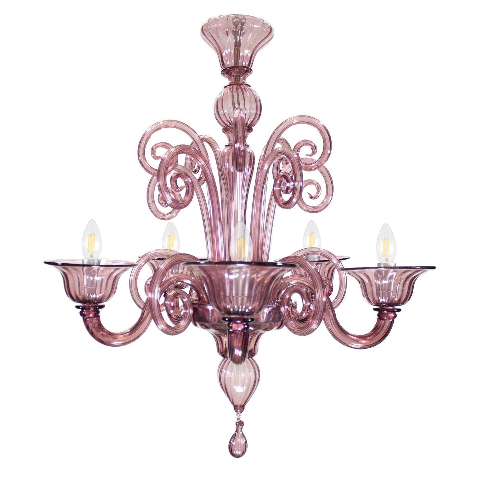 Artistic Chandelier 5 Arms Amethyst Blown Murano Glass by Multiforme For Sale