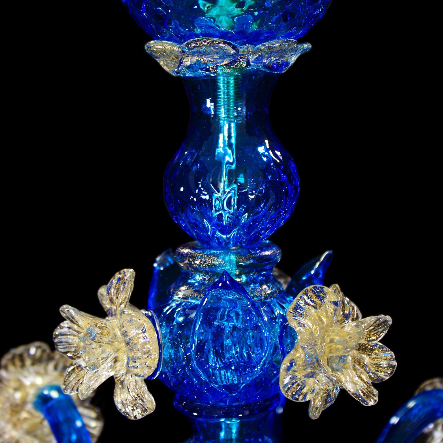 Artistic Chandelier 5 Arms Blue Murano Glass, Clear-Gold Details by Multiforme For Sale 7