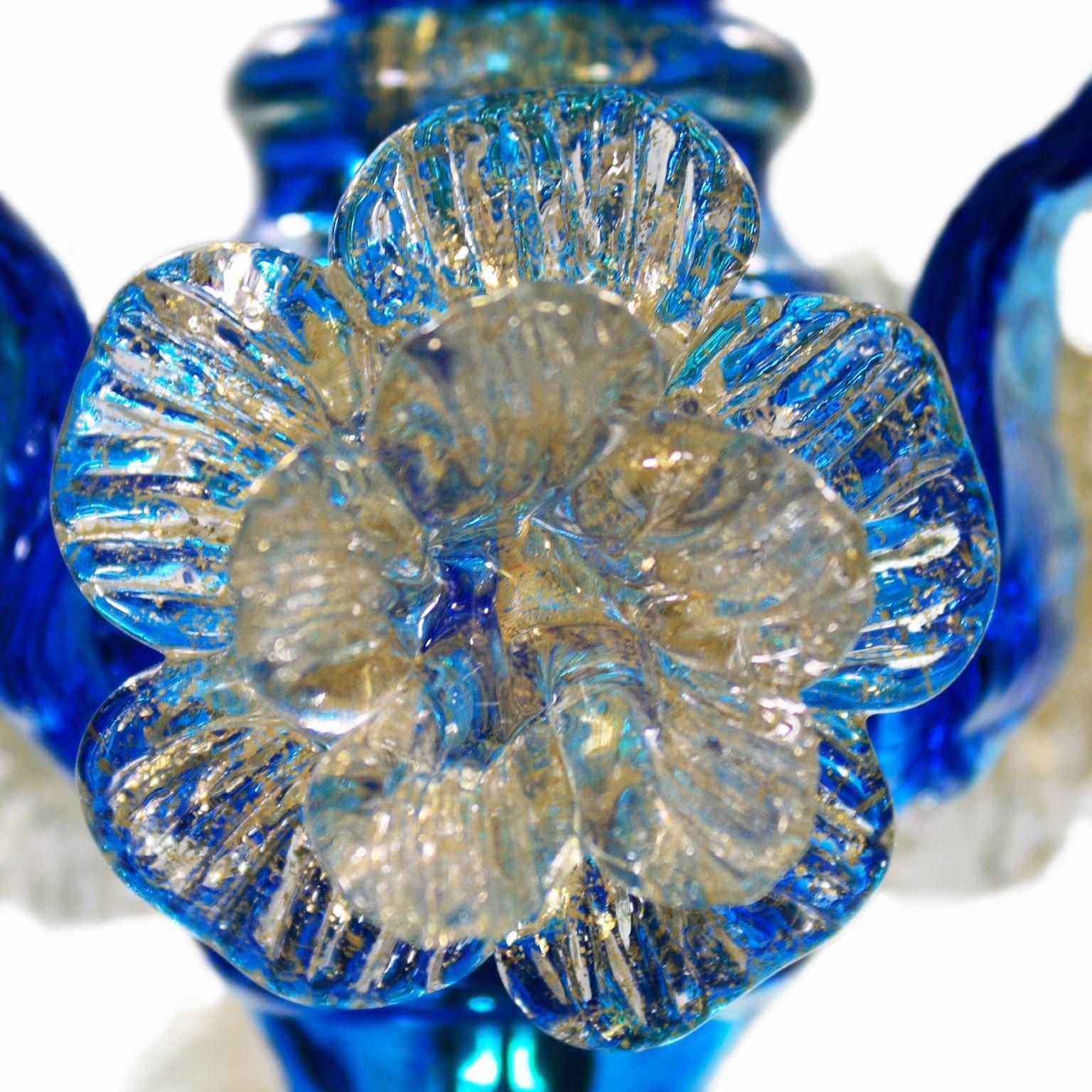 Contemporary Artistic Chandelier 5 Arms Blue Murano Glass, Clear-Gold Details by Multiforme For Sale