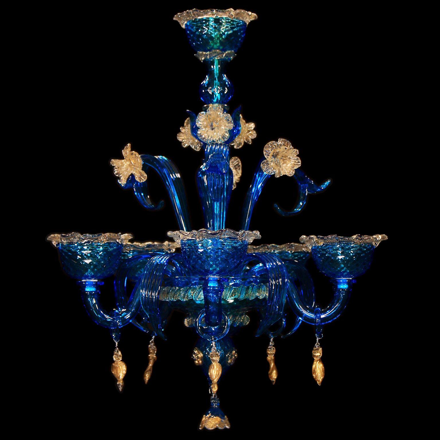 Blown Glass Artistic Chandelier 5 Arms Blue Murano Glass, Clear-Gold Details by Multiforme For Sale