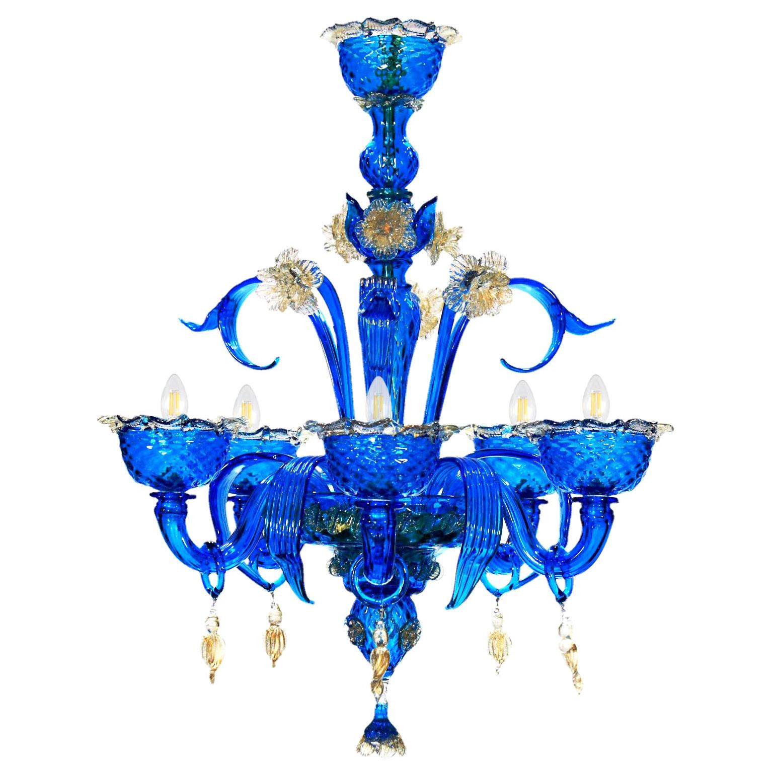 Artistic Chandelier 5 Arms Blue Murano Glass, Clear-Gold Details by Multiforme For Sale