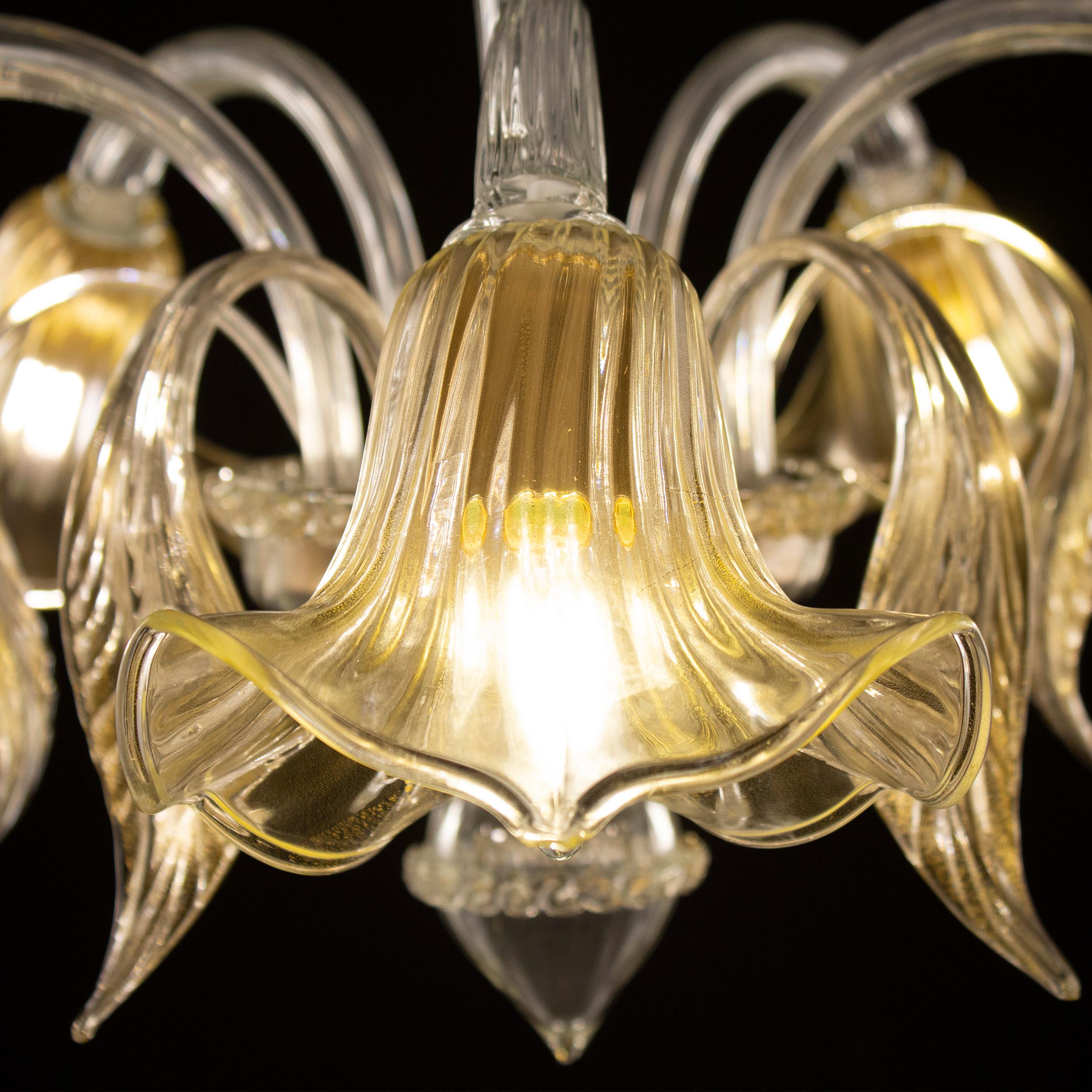 Italian Artistic Chandelier 5 Arms, Clear Gold Murano Glass by Multiforme in Stock For Sale