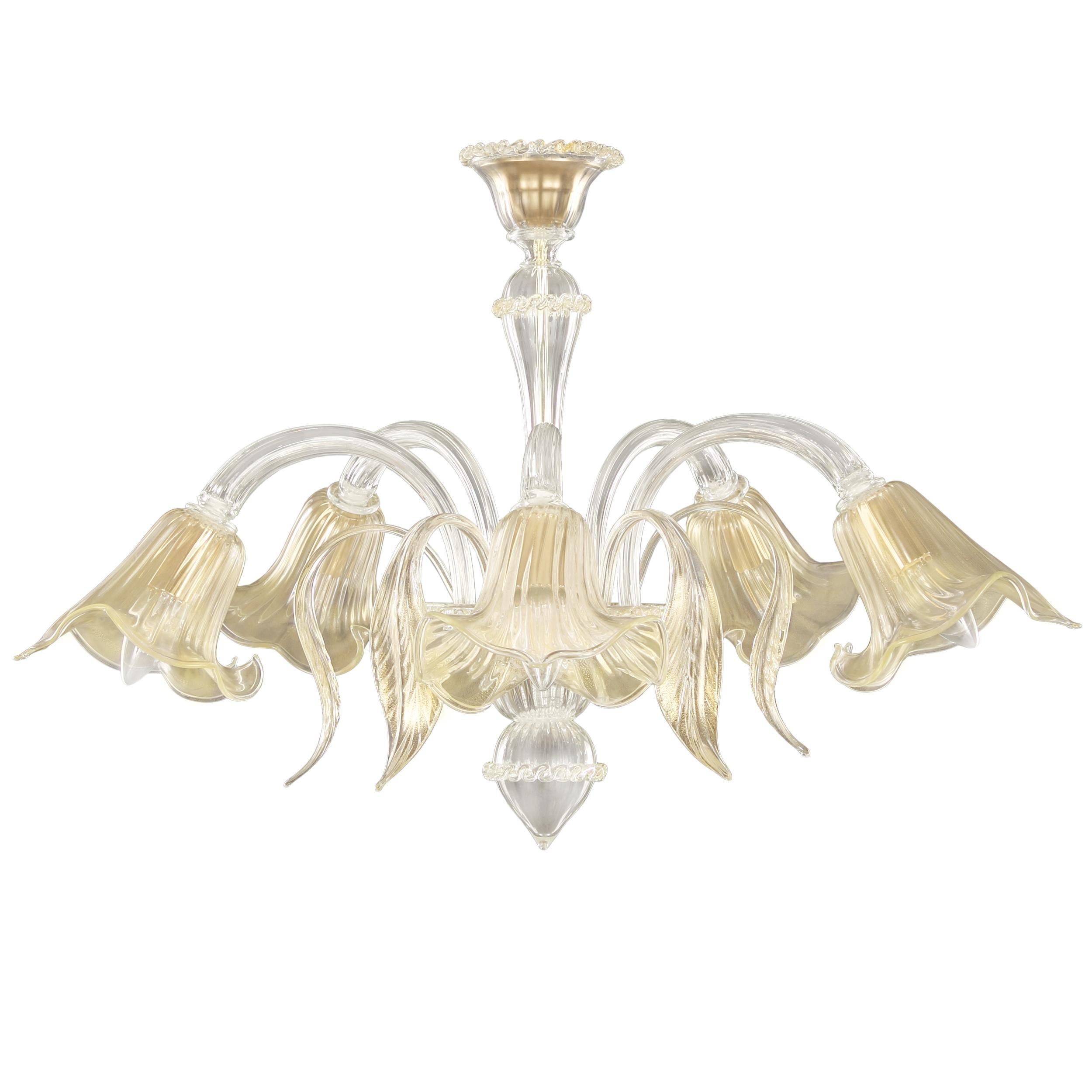 Artistic Chandelier 5 Arms, Clear Gold Murano Glass by Multiforme in Stock
