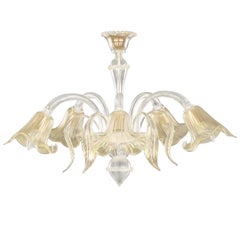 Artistic Chandelier 5 Arms, Clear Gold Murano Glass by Multiforme in Stock