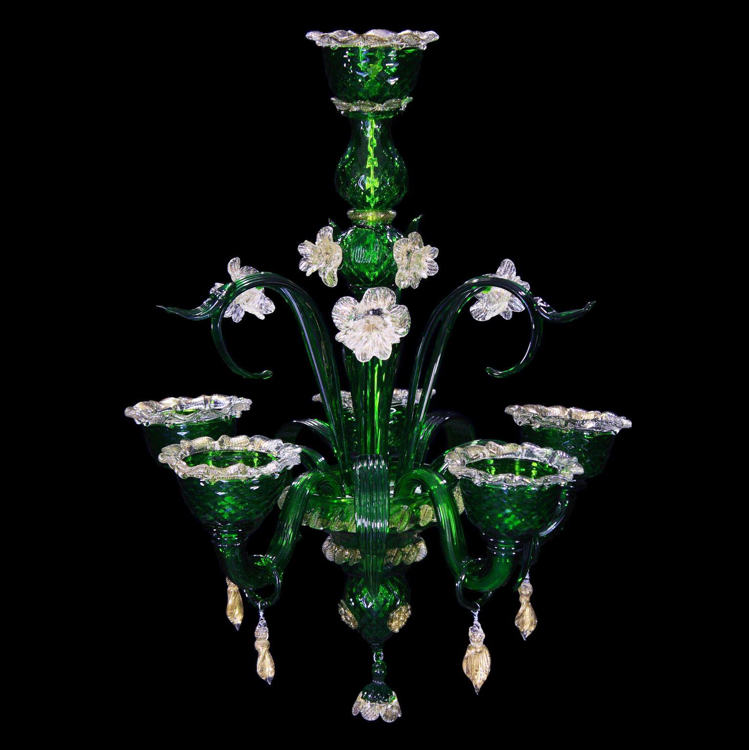 Artistic Chandelier 5 Arms Green Murano Glass, Clear-Gold Details by Multiforme For Sale 4