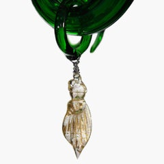 Artistic Chandelier 5 Arms Green Murano Glass, Clear-Gold Details by Multiforme
