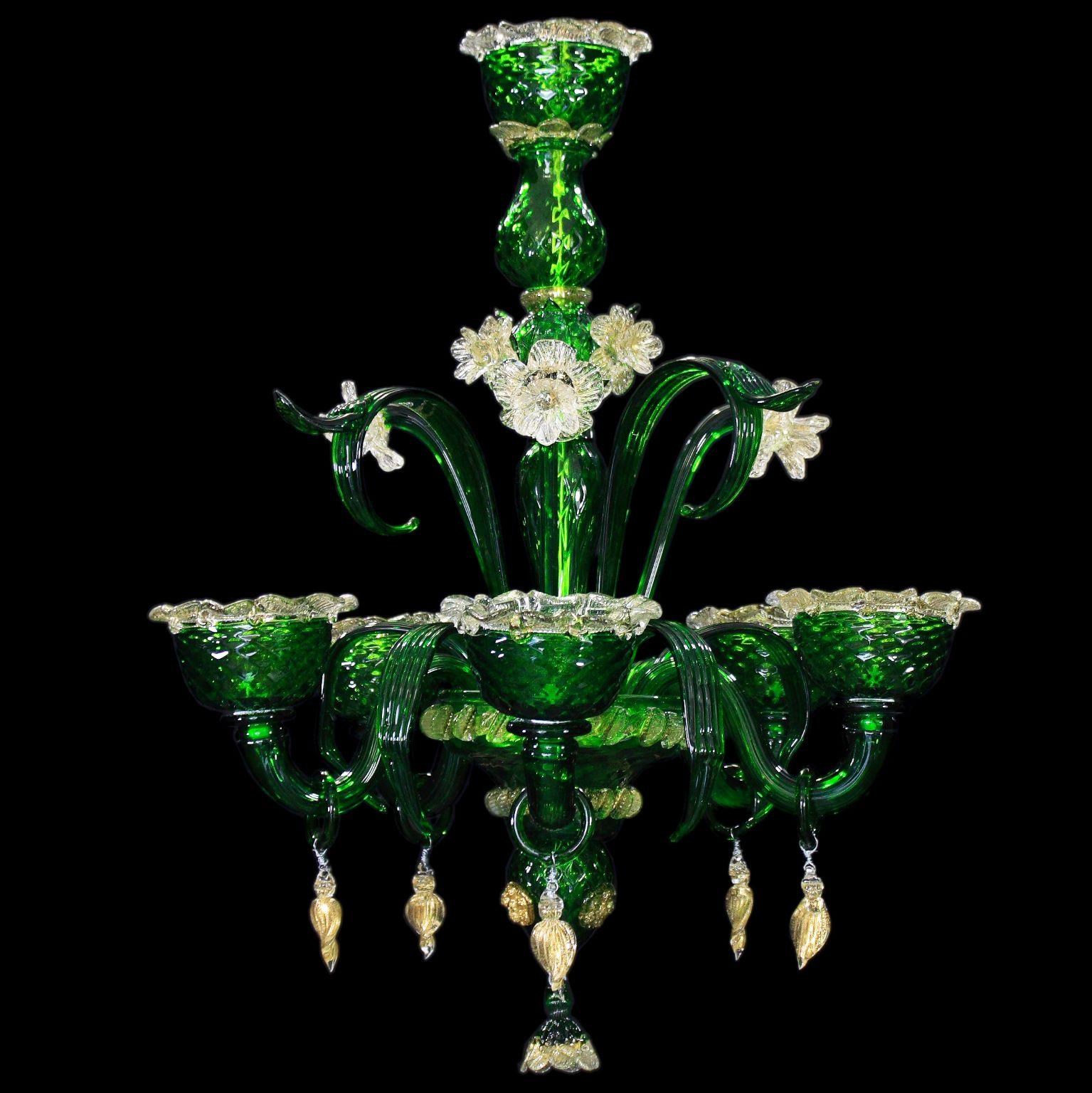 Italian Artistic Chandelier 5 Arms Green Murano Glass, Clear-Gold Details by Multiforme For Sale