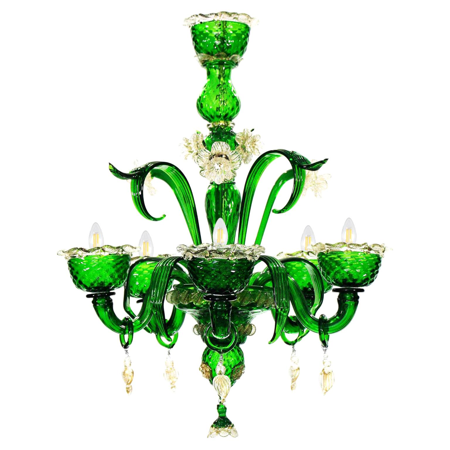 Artistic Chandelier 5 Arms Green Murano Glass, Clear-Gold Details by Multiforme For Sale