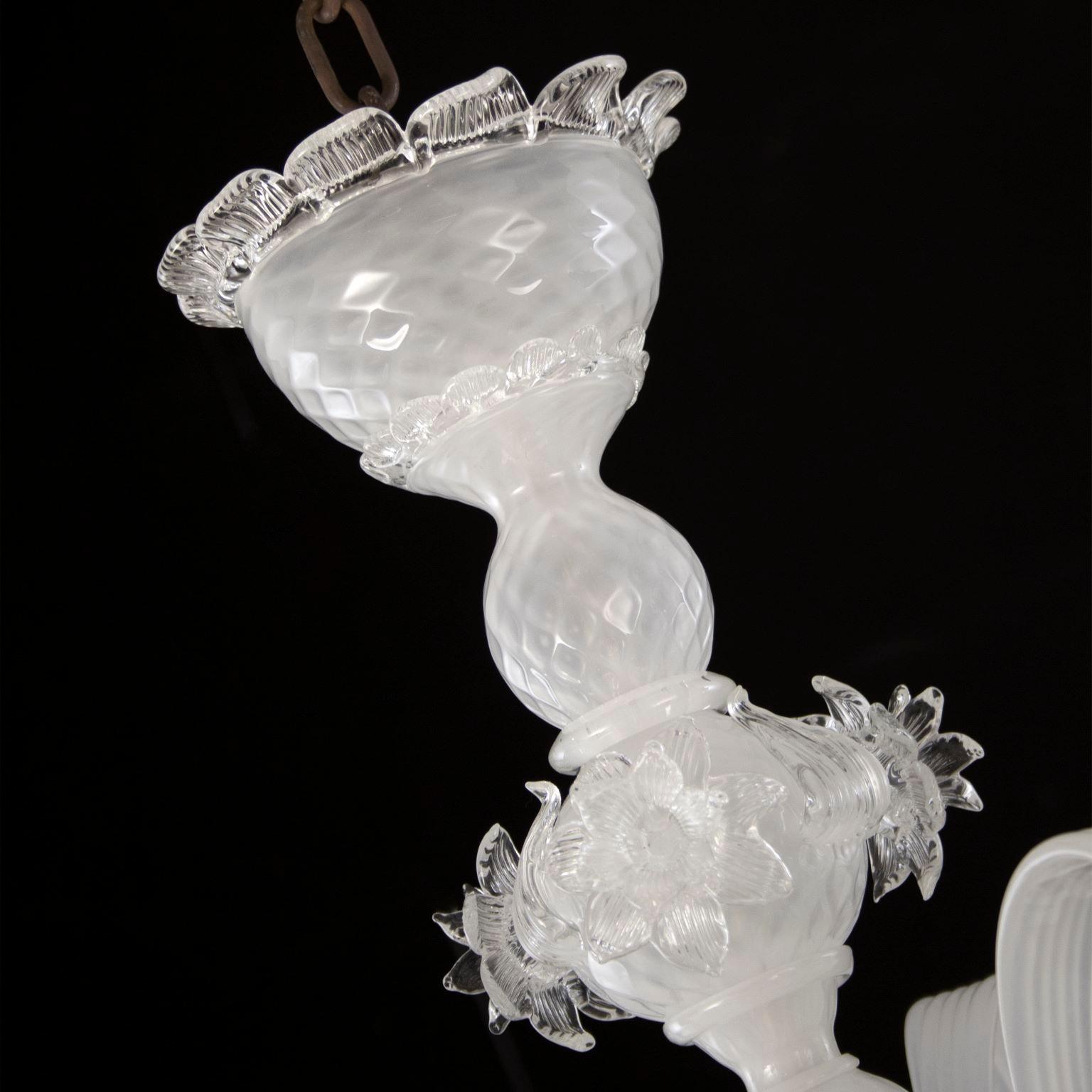 Other Artistic Chandelier 5 Arms White Silk Murano Glass Clear Details by Multiforme For Sale