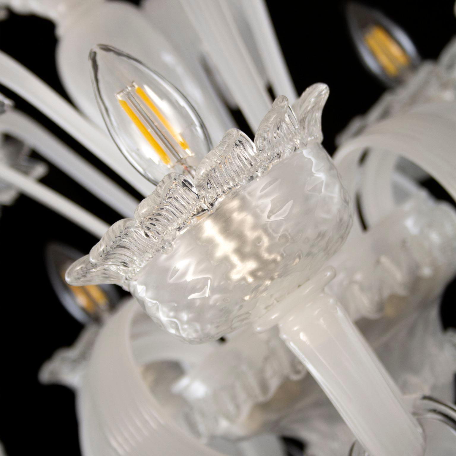 Blown Glass Artistic Chandelier 5 Arms White Silk Murano Glass Clear Details by Multiforme For Sale