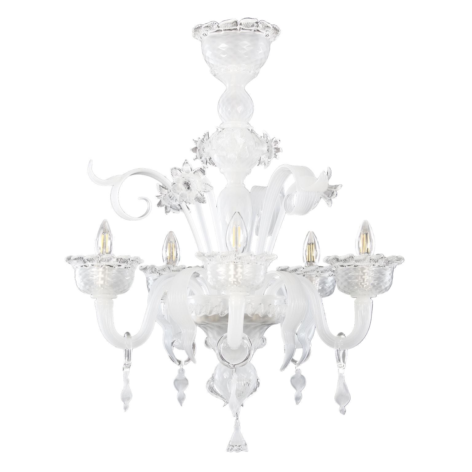Lustre artistique à 5 bras en soie blanche et verre de Murano transparent par Multiforme