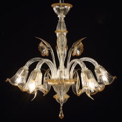 Artistic Chandelier 5 arms, Clear Murano Glass Amber Details by Multiforme