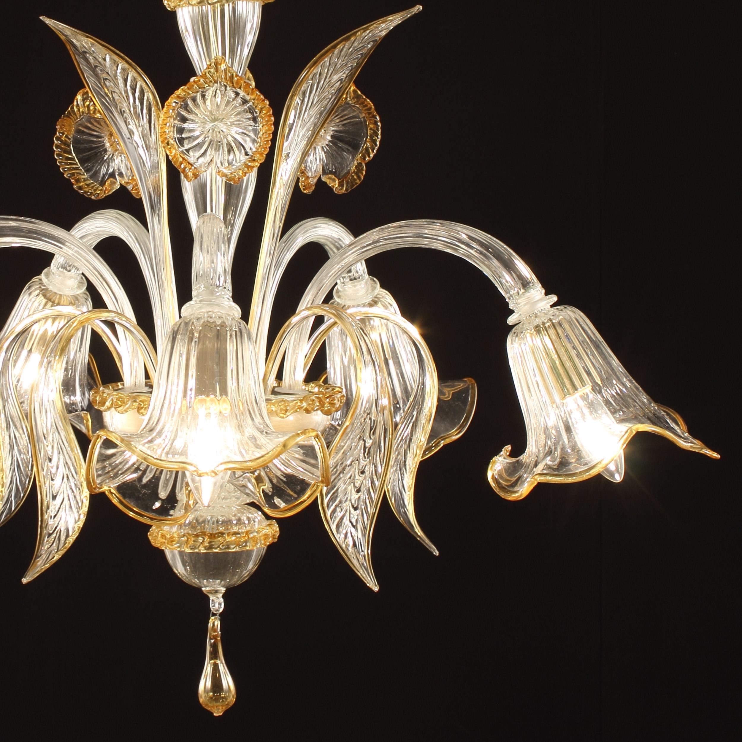 Artistic Chandelier 5 arms, Clear Murano Glass Amber Details by Multiforme For Sale 1