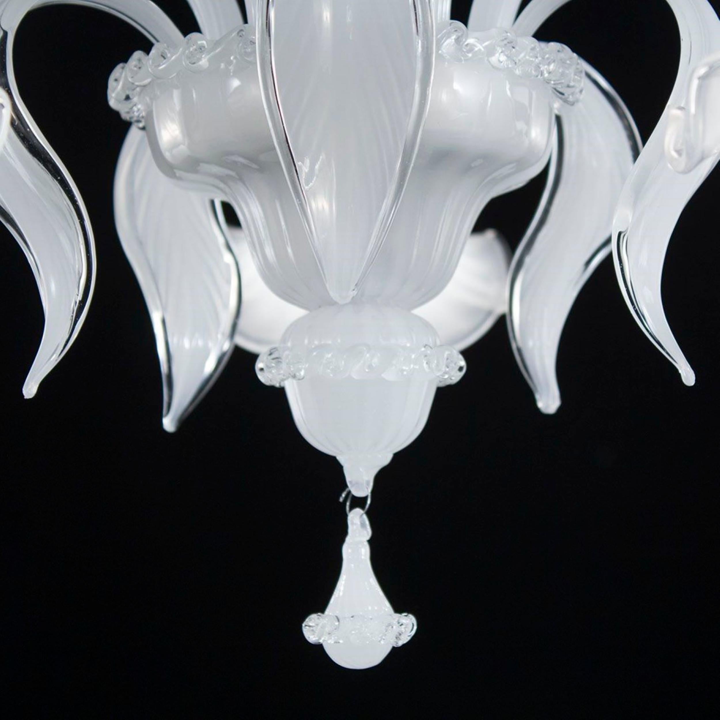 Italian Artistic chandelier 5arms, white silk Murano glass crystal Details by Multiforme For Sale