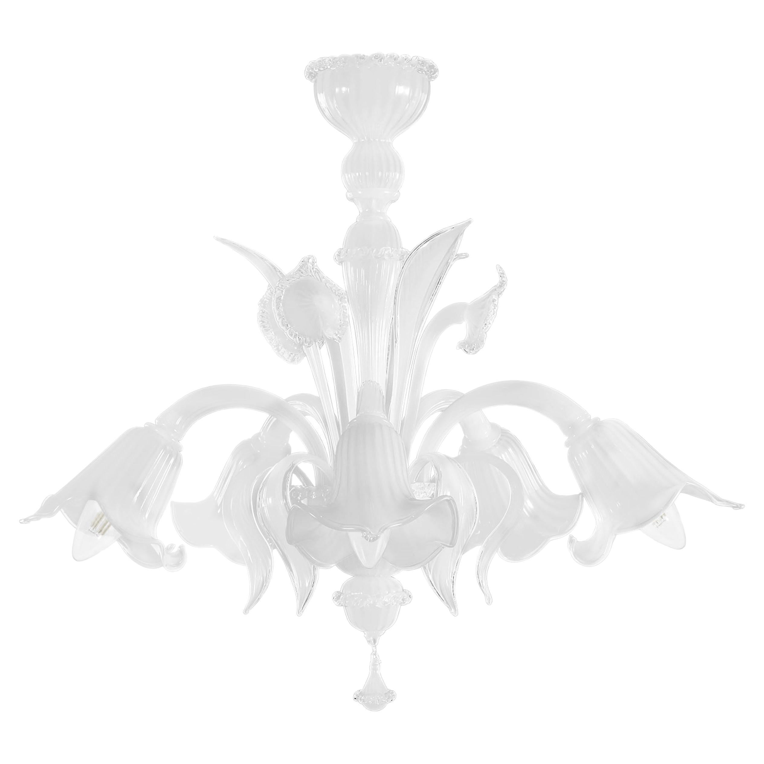 Artistic chandelier 5arms, white silk Murano glass crystal Details by Multiforme For Sale