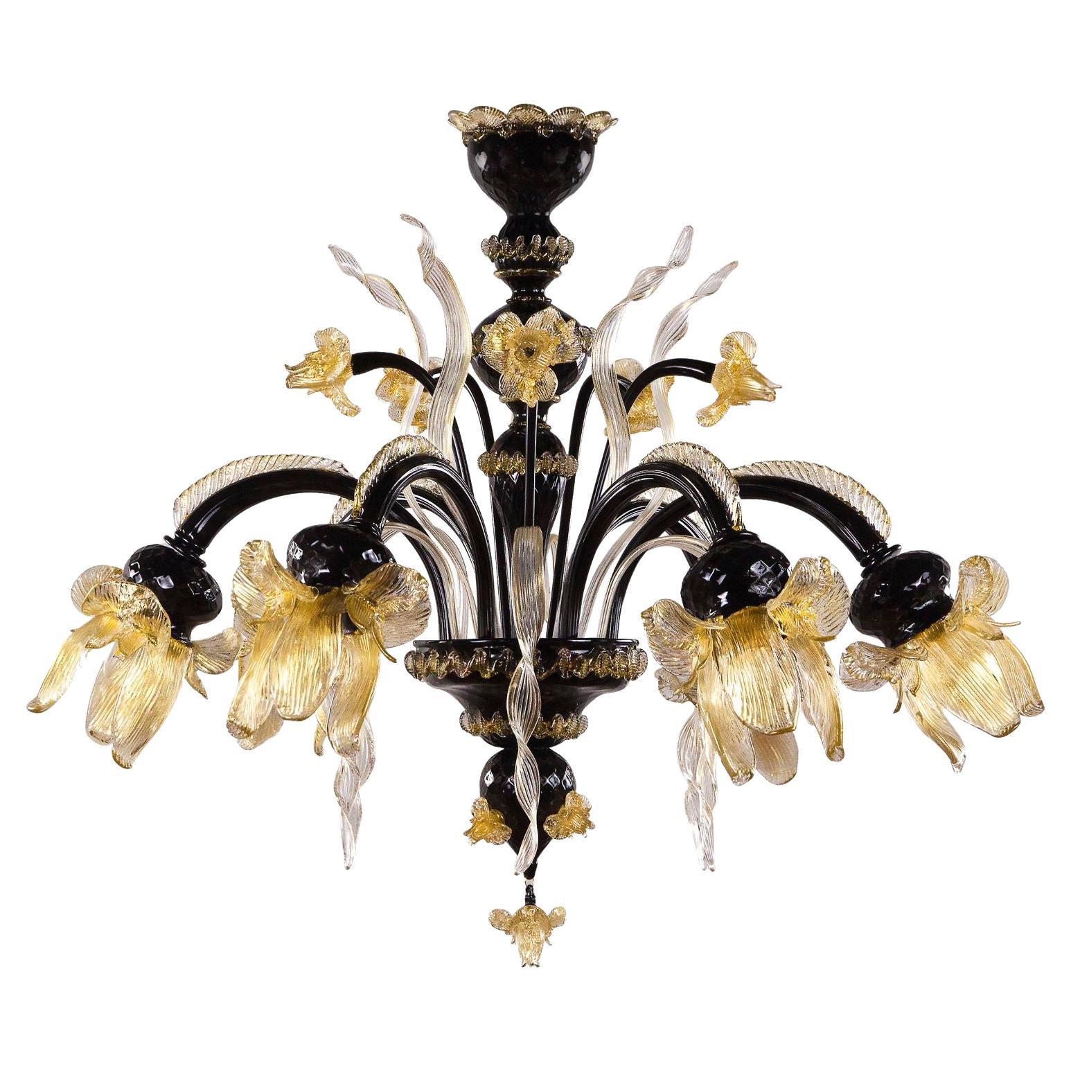 Artistic Chandelier 6Arms Black and Gold Murano Glass by Multiforme in stock For Sale