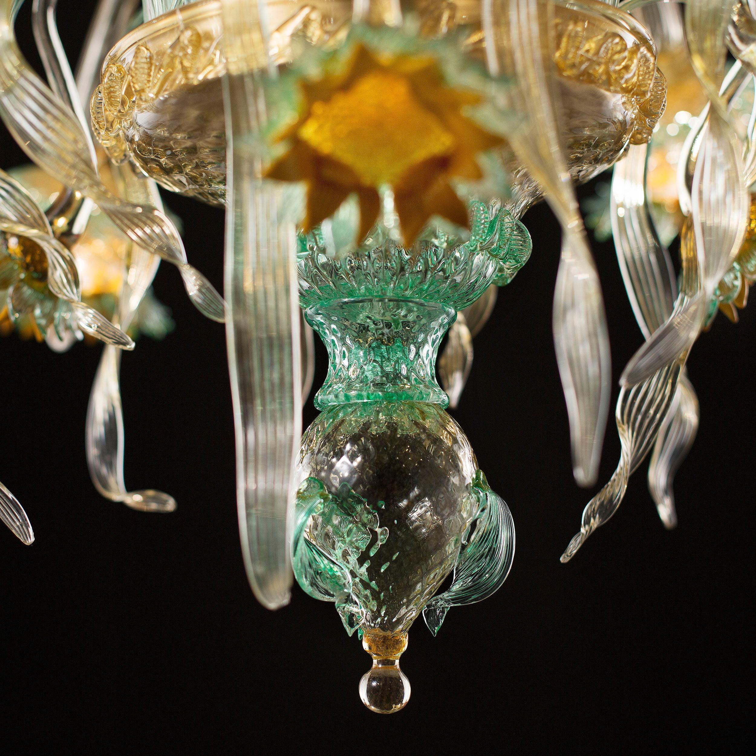 Italian Artistic Chandelier 6 Arms Clear-amber-green Murano Glass Girasole by Multiforme For Sale