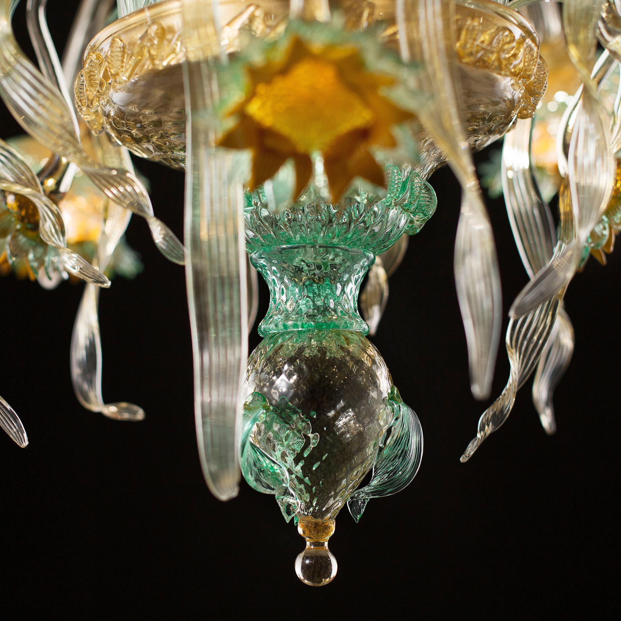 Italiano Lampadario artistico a 6 bracci in vetro di Murano chiaro-ambrato-verde Girasole di Multiforme in vendita