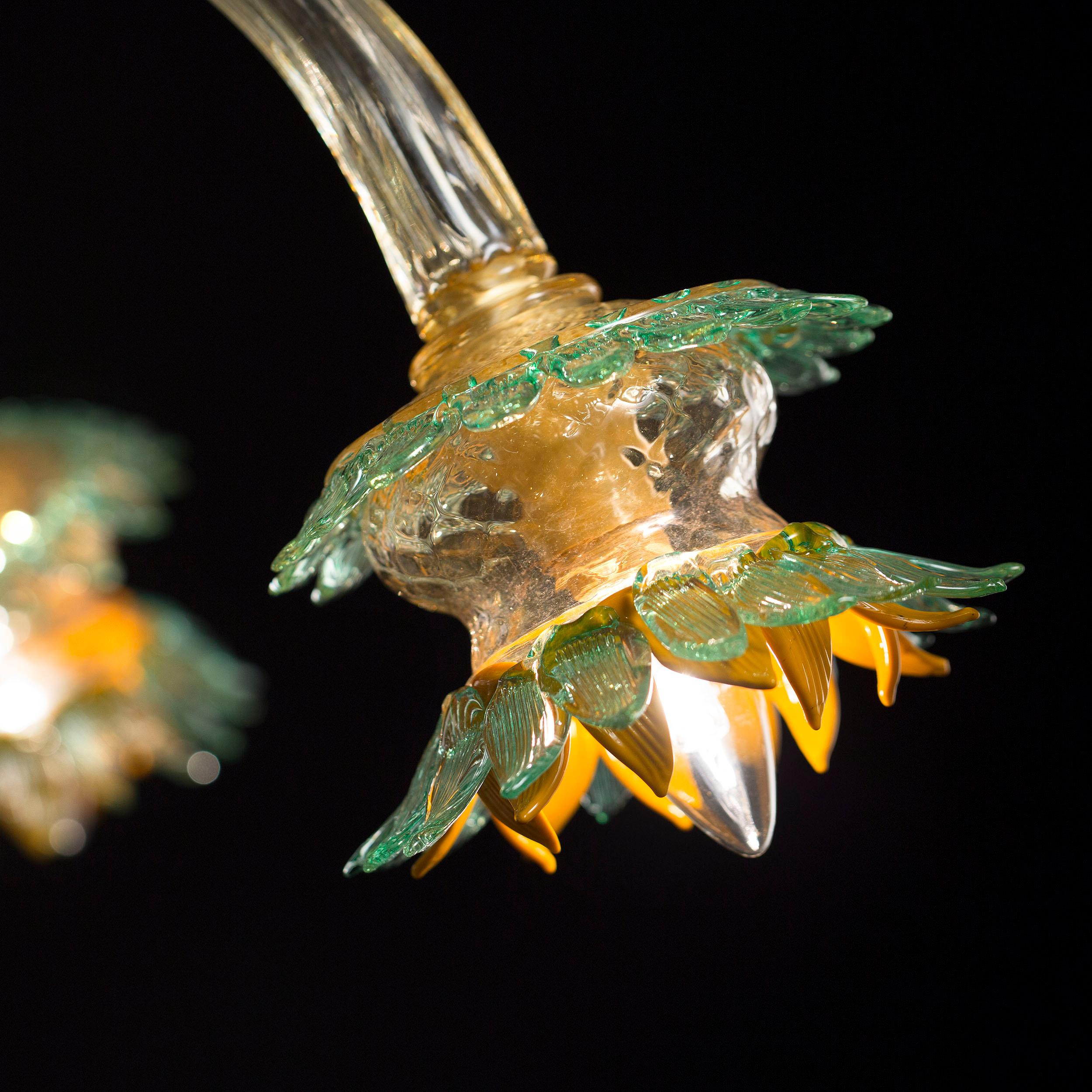 Artistic Chandelier 6 Arms Clear-amber-green Murano Glass Girasole by Multiforme In New Condition For Sale In Trebaseleghe, IT