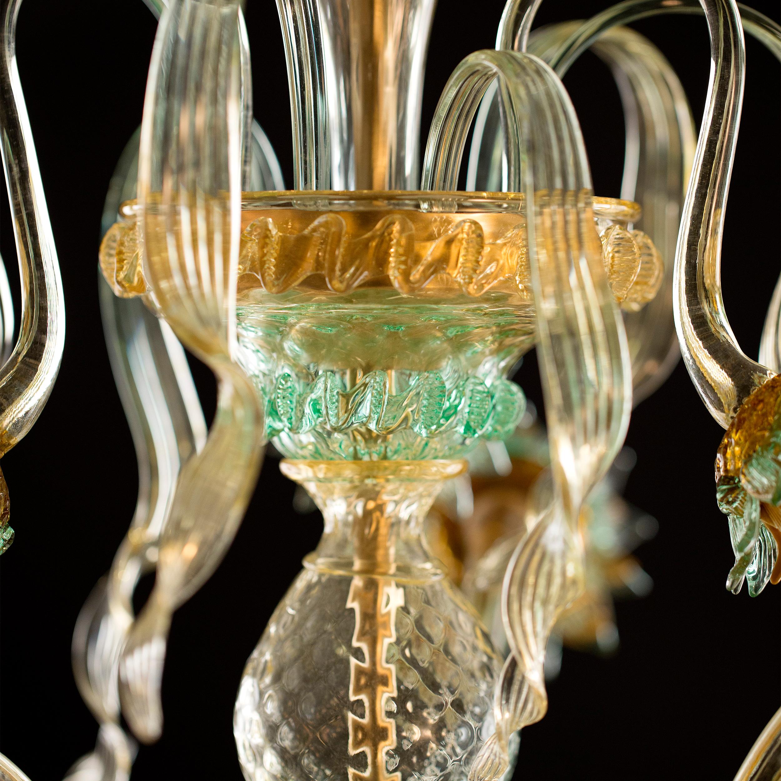 Blown Glass Artistic Chandelier 6 Arms Clear-amber-green Murano Glass Girasole by Multiforme For Sale