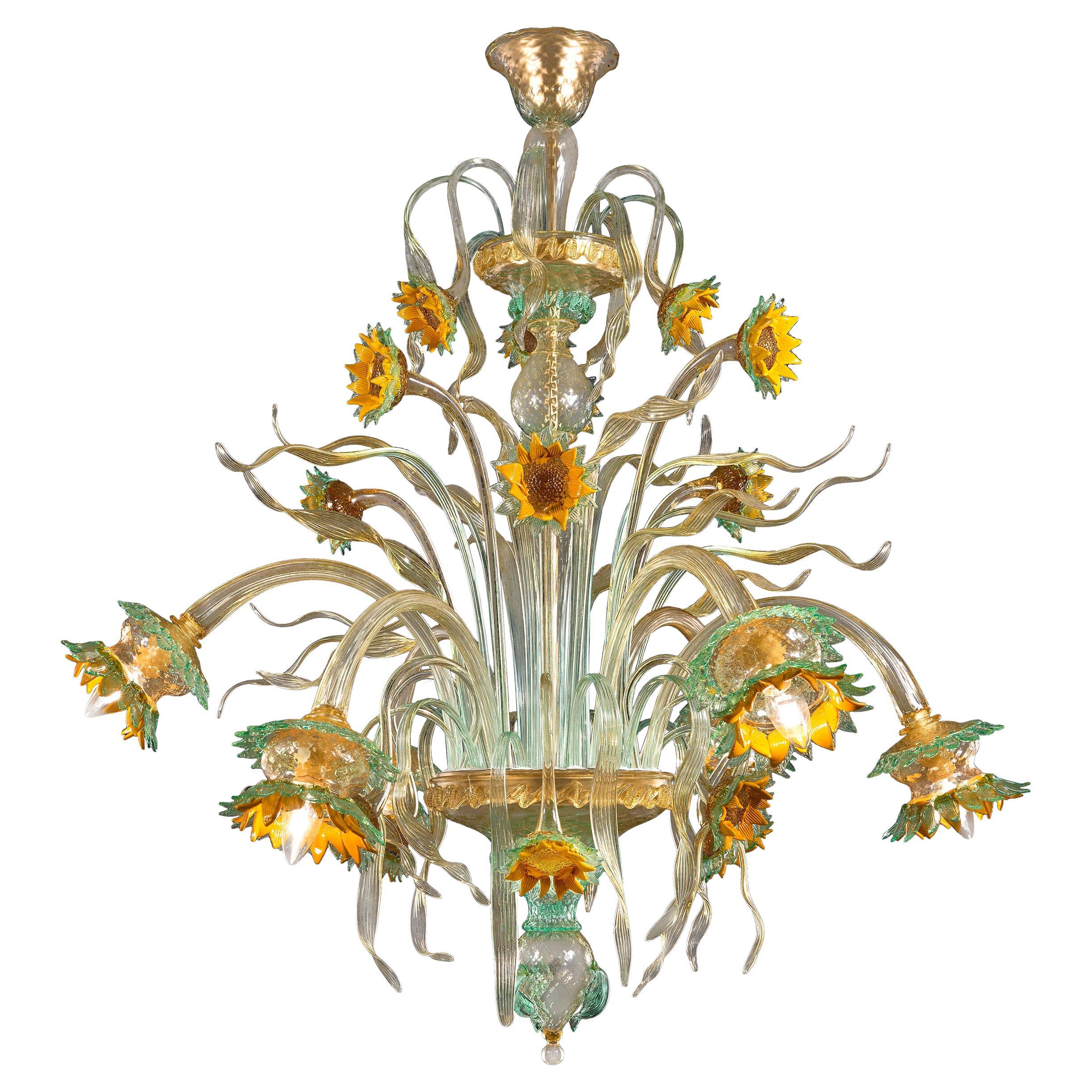 Artistic Chandelier 6 Arms Clear-amber-green Murano Glass Girasole by Multiforme For Sale