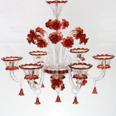 Artistic Chandelier 6 Arms clear and red Murano Glass by Multiforme in stock