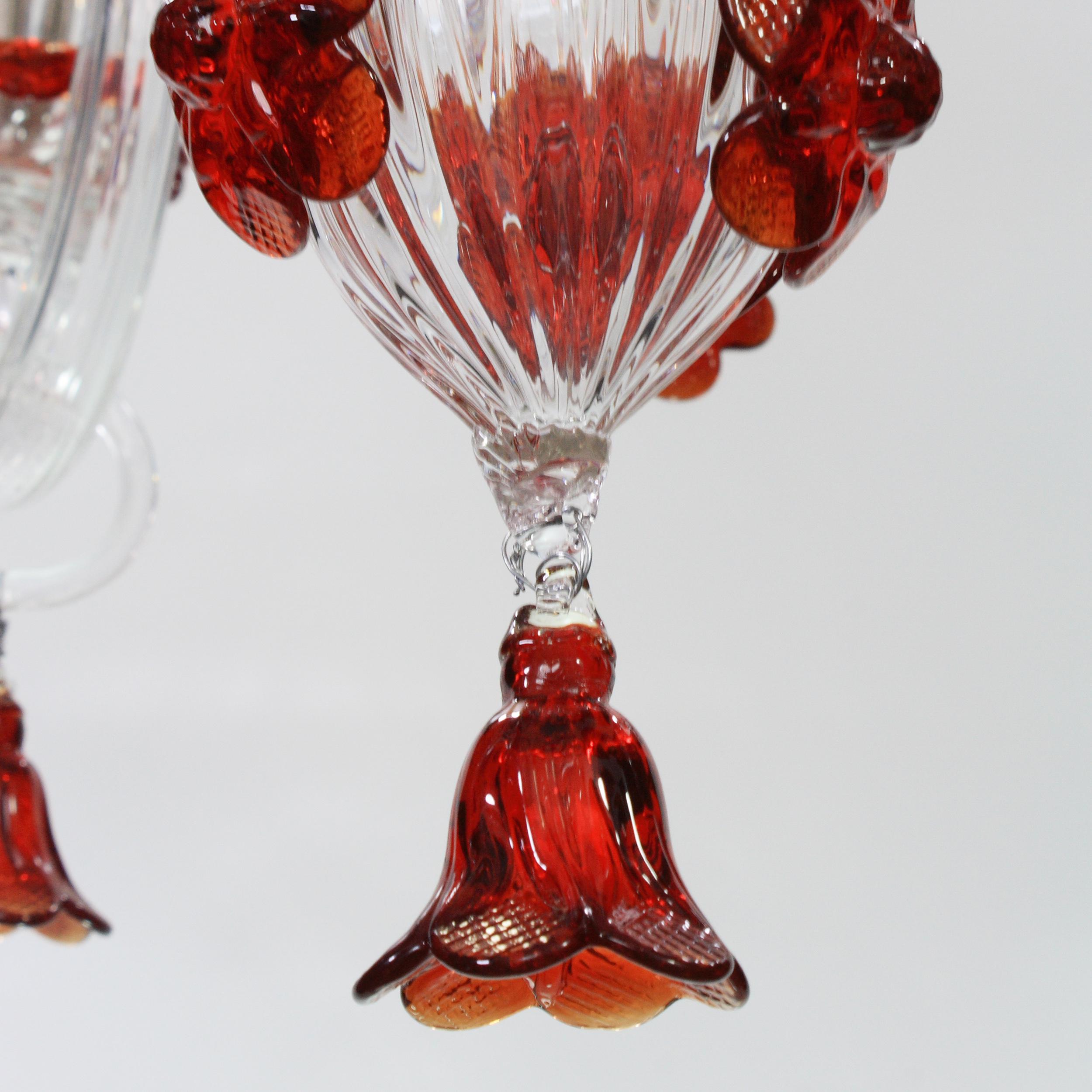 Italian Artistic Chandelier 6 Arms clear and red Murano Glass by Multiforme in stock For Sale