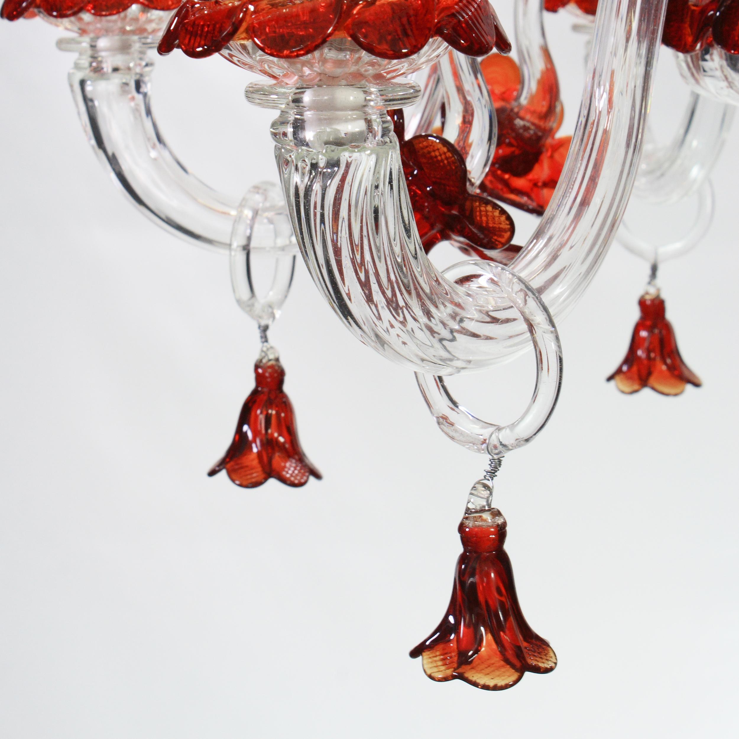 Contemporary Artistic Chandelier 6 Arms clear and red Murano Glass by Multiforme in stock For Sale