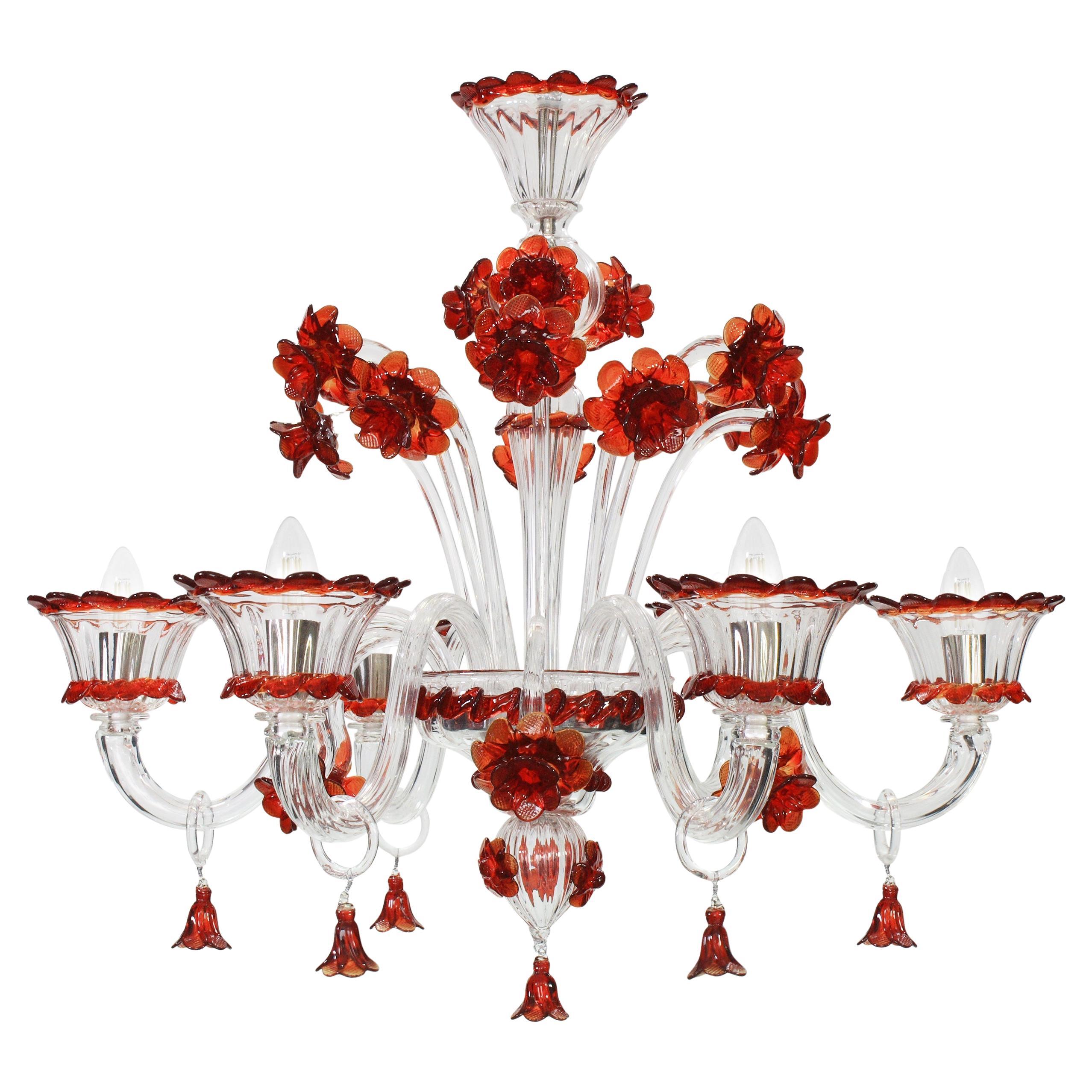 Artistic Chandelier 6 Arms clear and red Murano Glass by Multiforme in stock For Sale