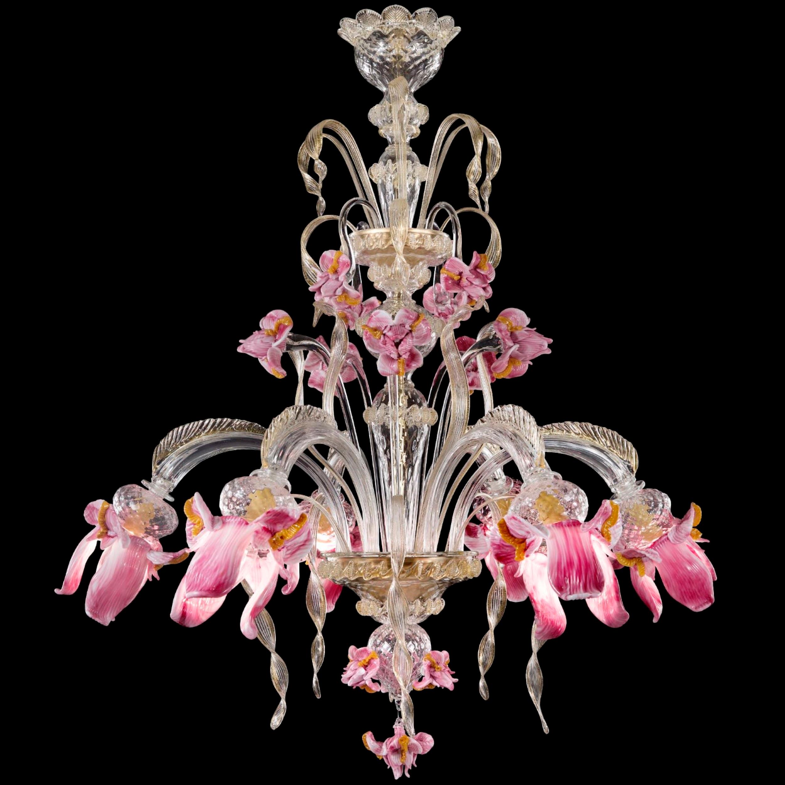 Artistic chandelier 6 arms clear-gold-pink in Murano glass Iris garden by Multiforme.
Original and innovative artistic glass collection Iris garden. A collection inspired from the flowers. Iris garden is a lighting work that stands out thanks to