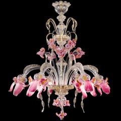 Artistic Chandelier 6 Arms Clear-gold-pink Murano Glass Iris by Multiforme