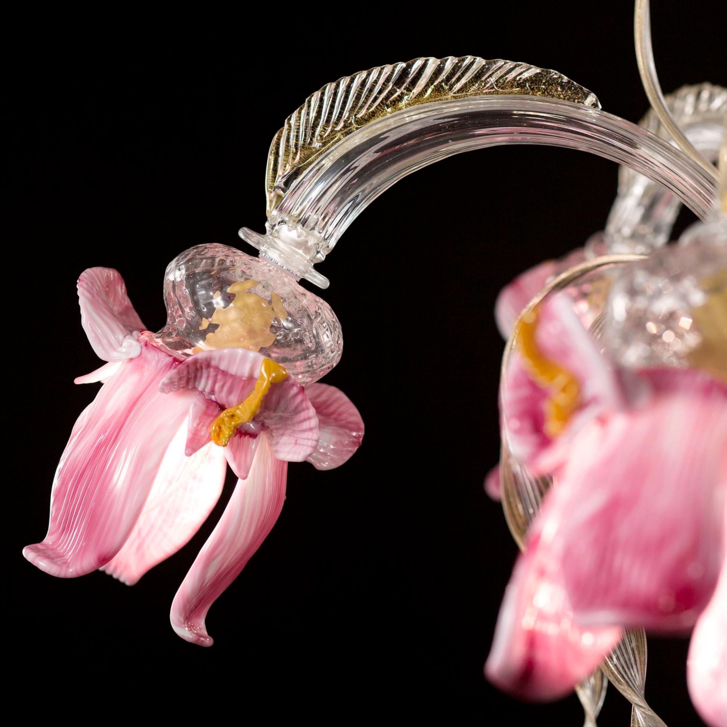 Other Artistic Chandelier 6 Arms Clear-gold-pink Murano Glass Iris by Multiforme For Sale