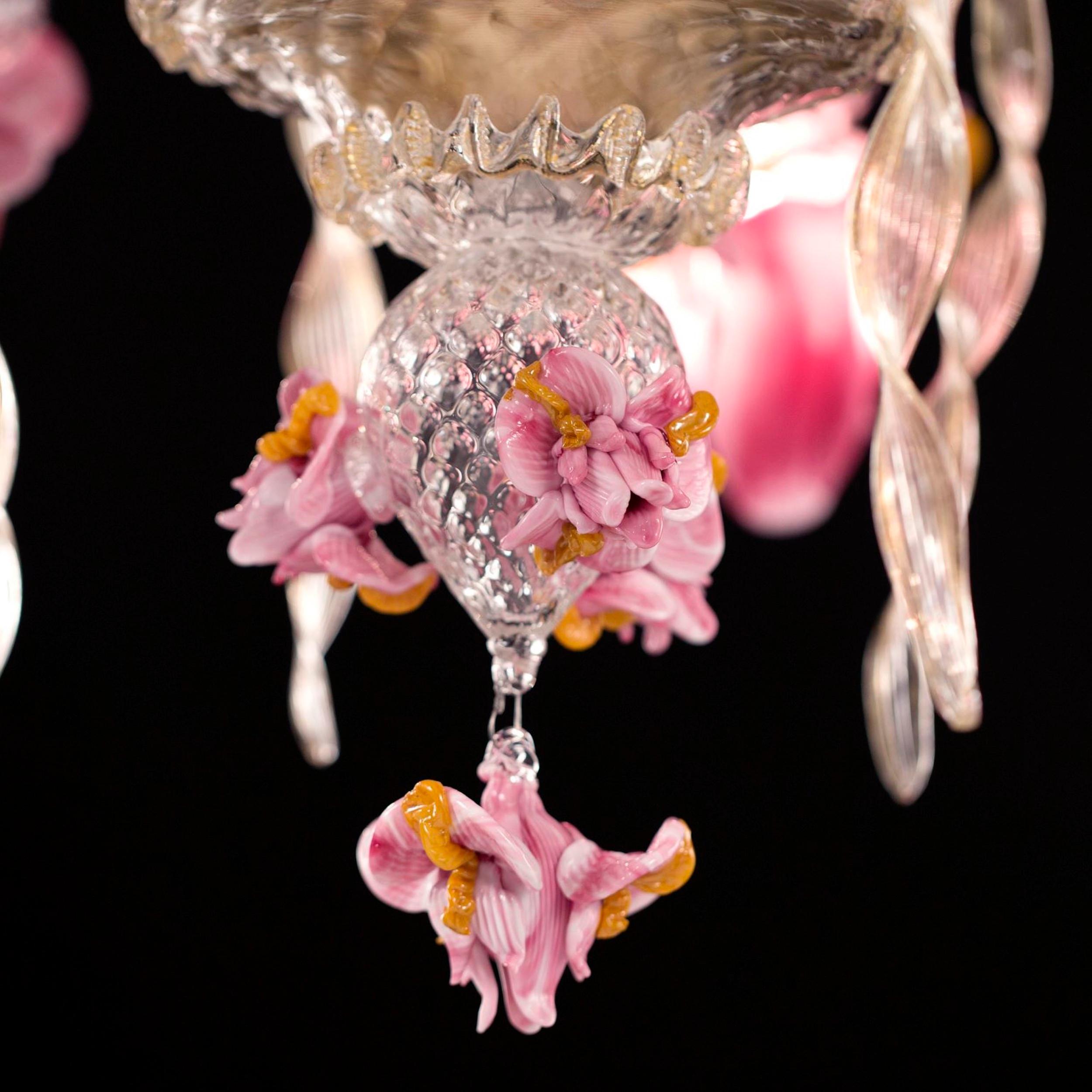 Contemporary Artistic Chandelier 6 Arms Clear-gold-pink Murano Glass Iris by Multiforme For Sale