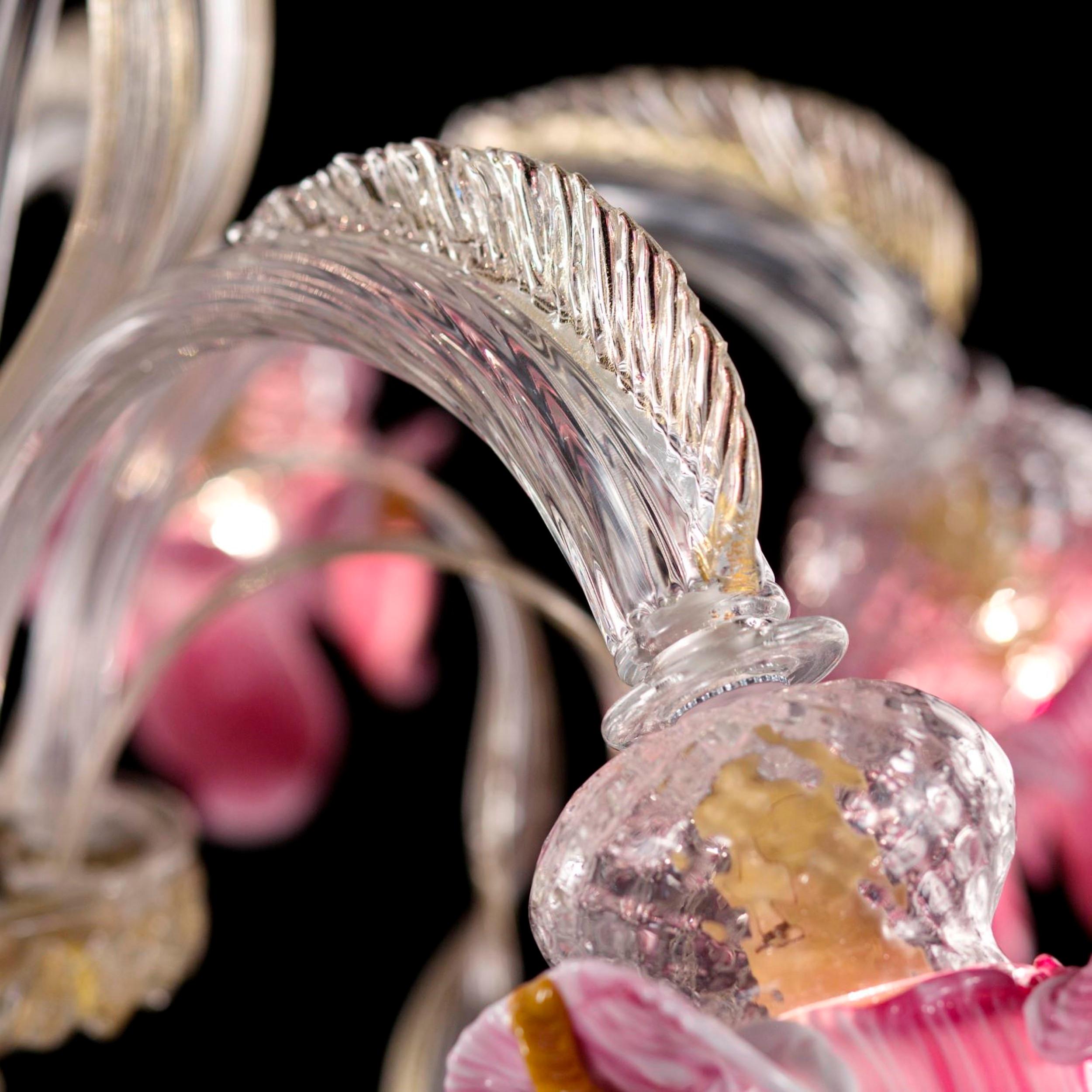 Artistic Chandelier 6 Arms Clear-gold-pink Murano Glass Iris by Multiforme For Sale 1