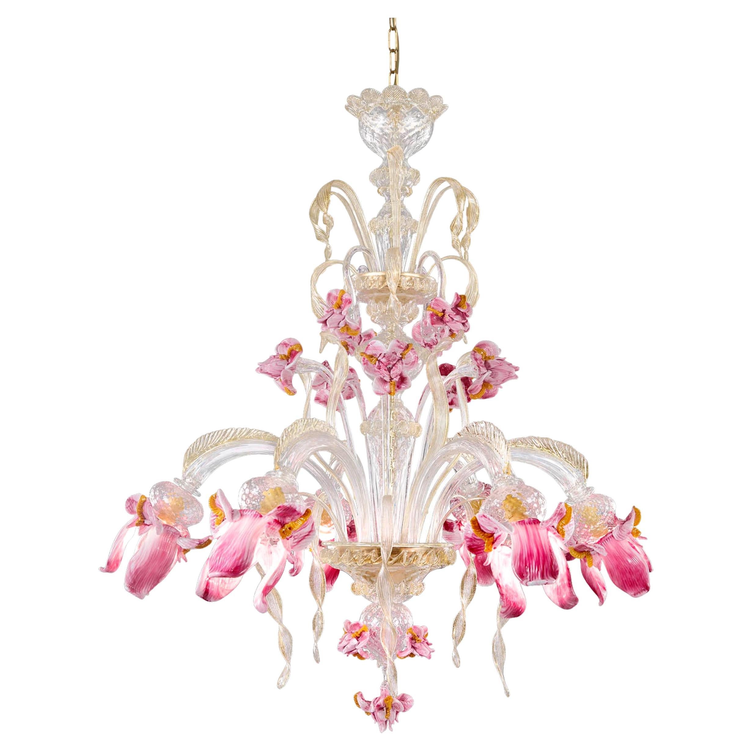 Artistic Chandelier 6 Arms Clear-gold-pink Murano Glass Iris by Multiforme For Sale