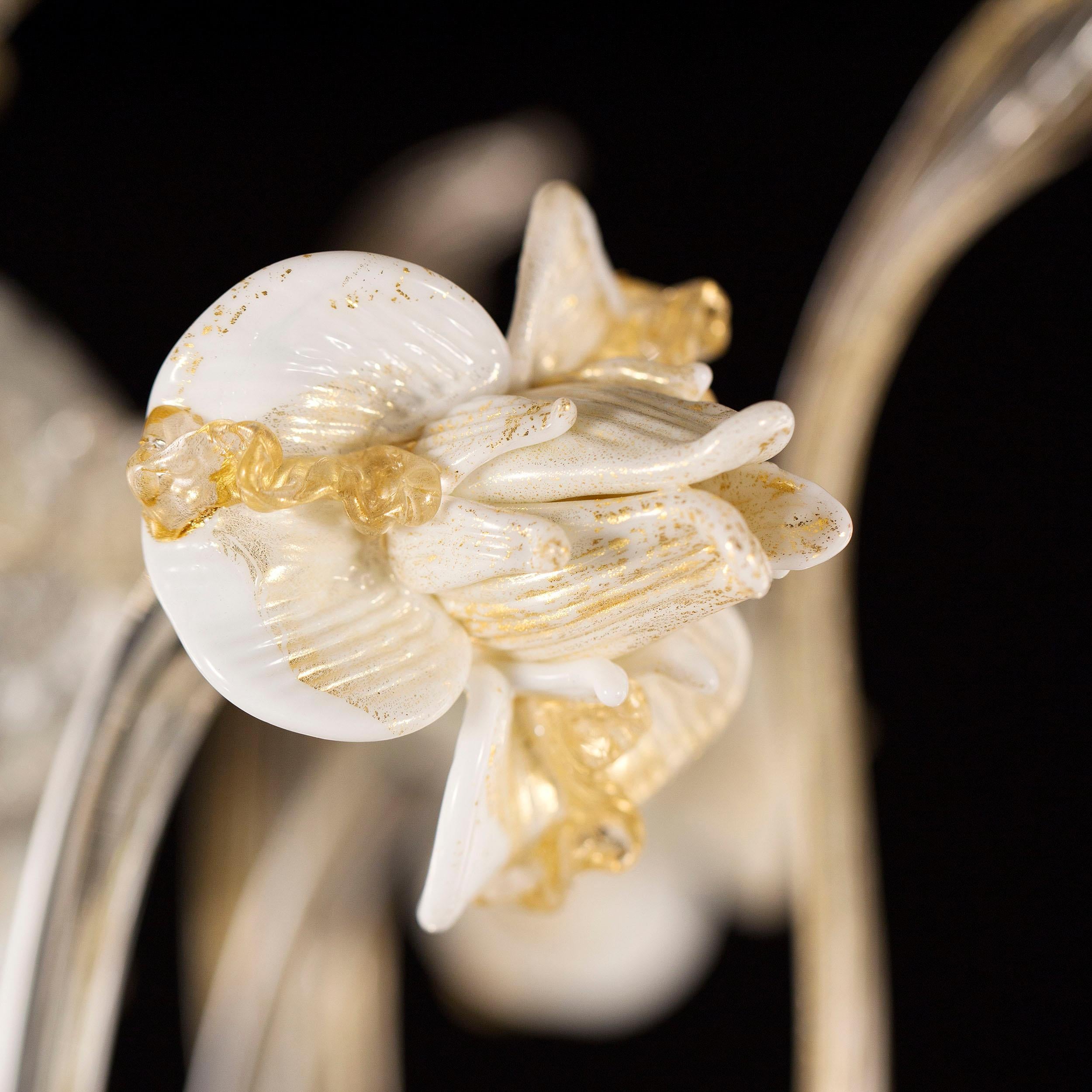 Other Artistic Chandelier 6 Arms Clear-gold-white Murano Glass Iris by Multiforme For Sale
