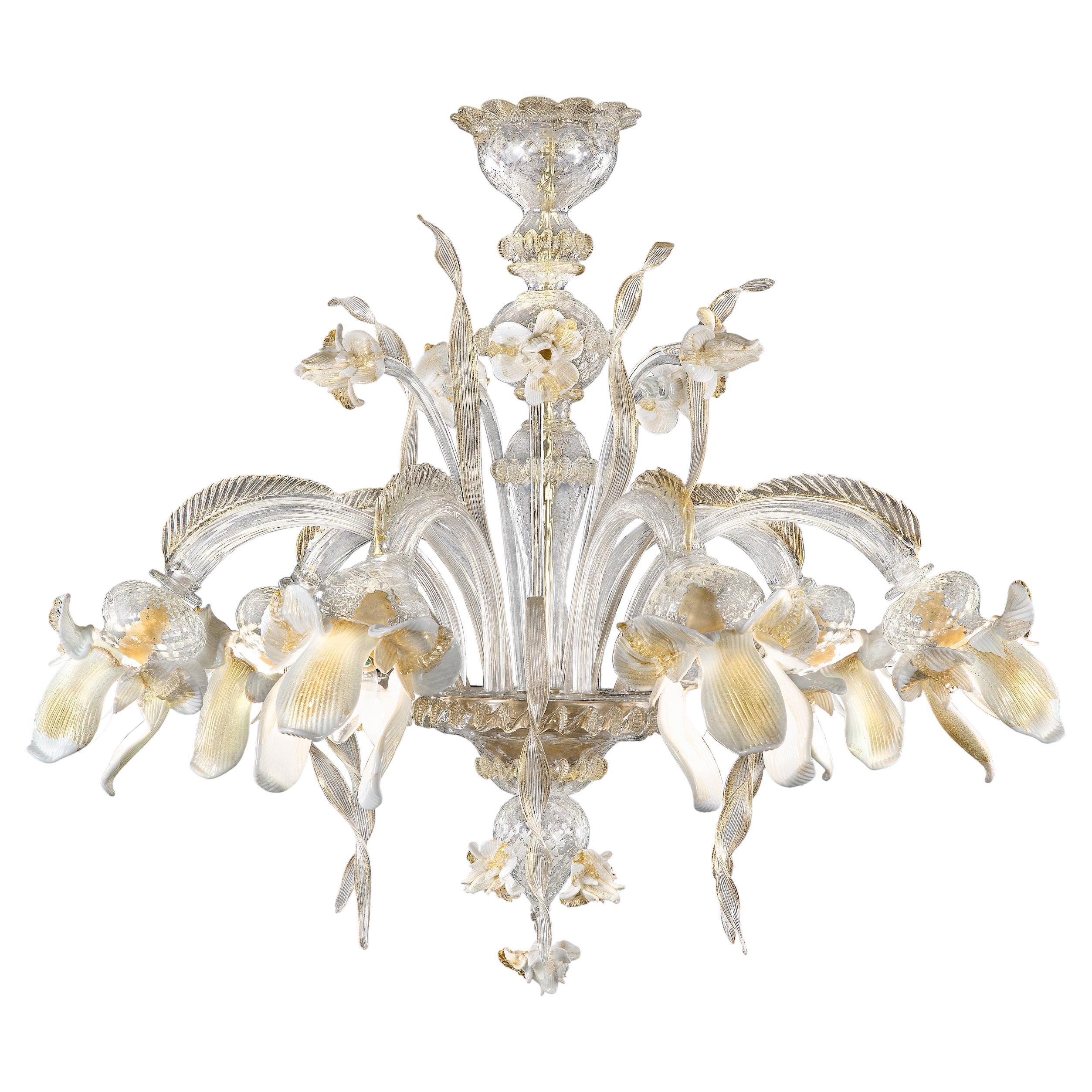 Artistic Chandelier 6 Arms Clear-gold-white Murano Glass Iris by Multiforme For Sale