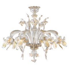 Artistic Chandelier 6 Arms Clear-gold-white Murano Glass Iris by Multiforme