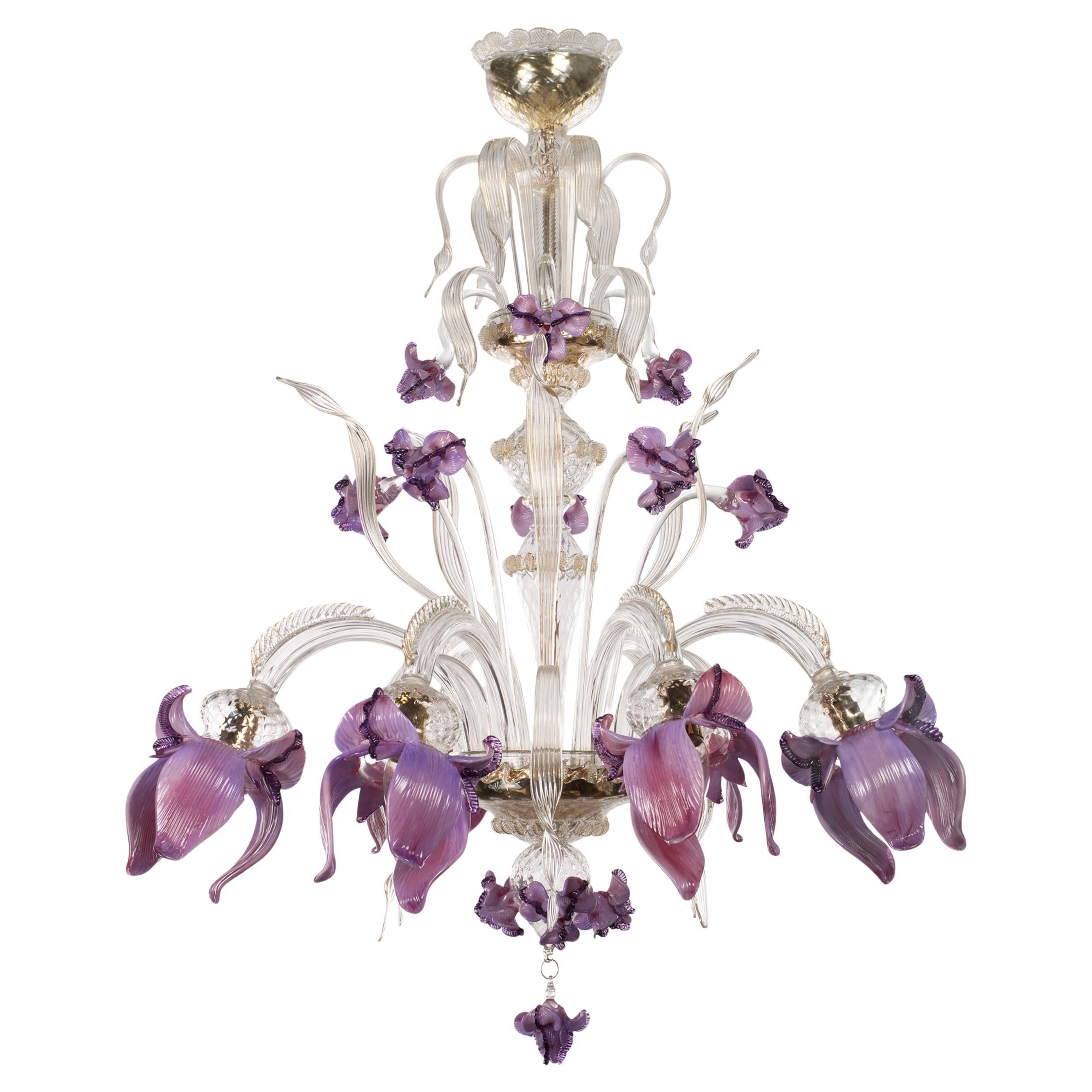 Artistic Chandelier 6 Arms Clear-gold-wisteria Murano Glass Iris by Multiforme