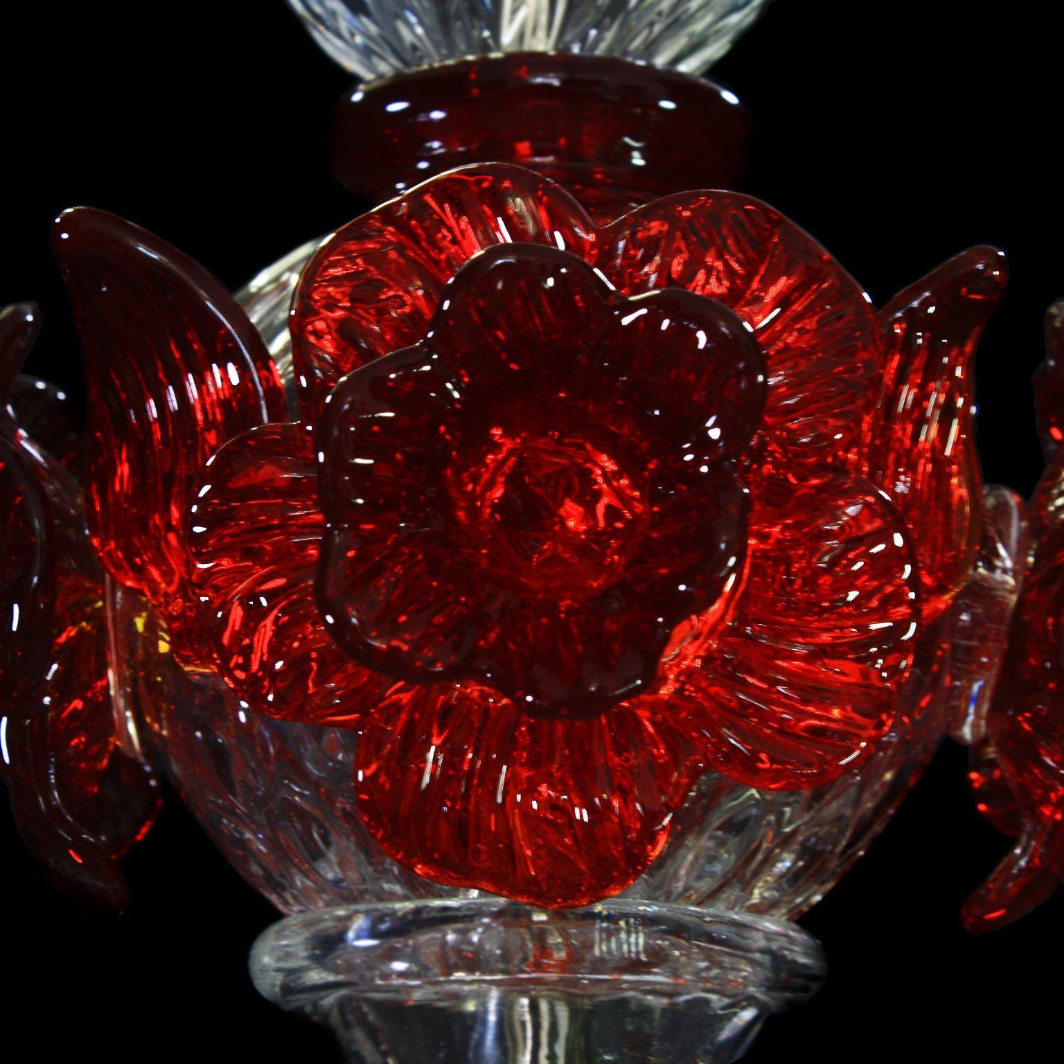 Artistic Chandelier 6 Arms Clear Murano Glass Red Details by Multiforme For Sale 4