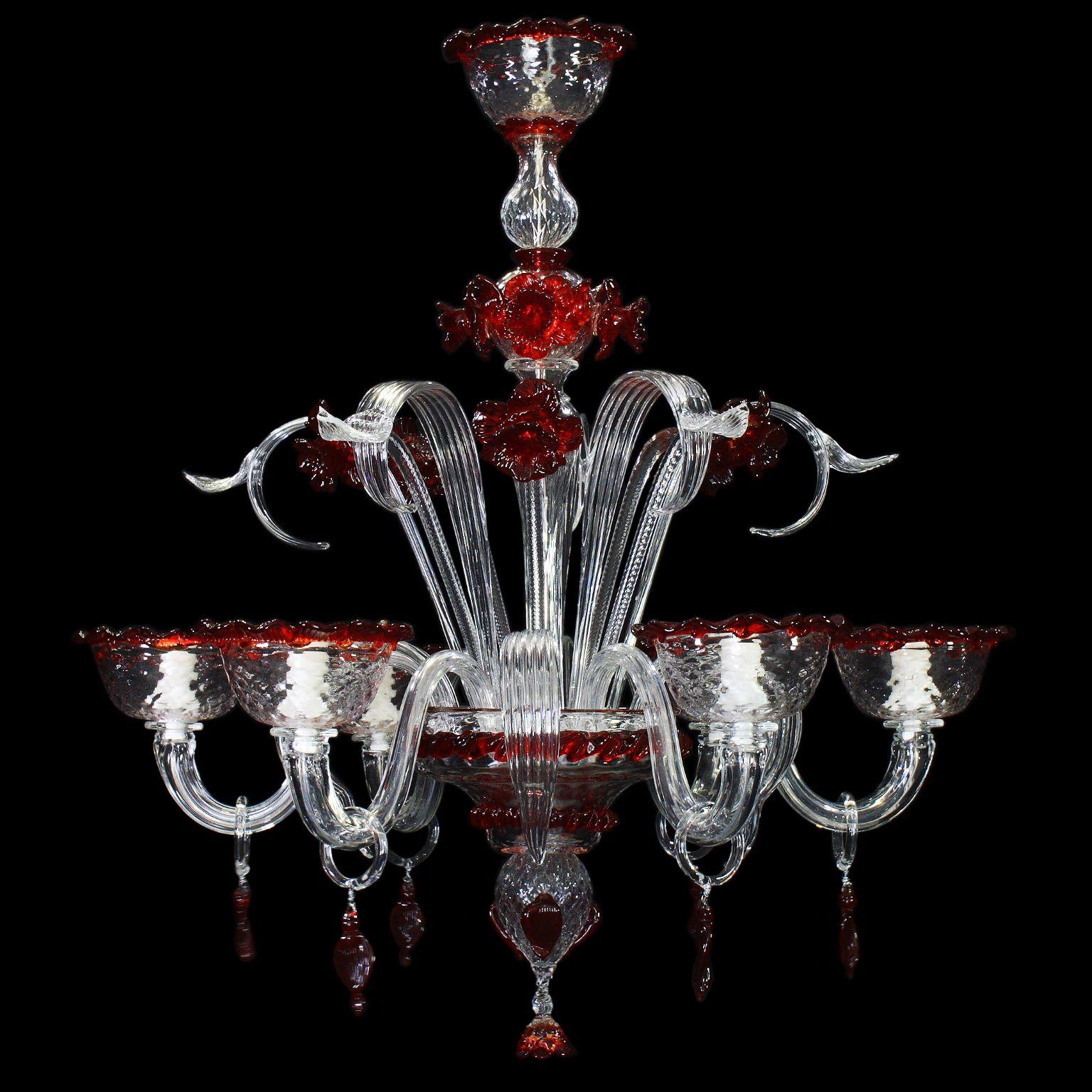 Other Artistic Chandelier 6 Arms Clear Murano Glass Red Details by Multiforme For Sale