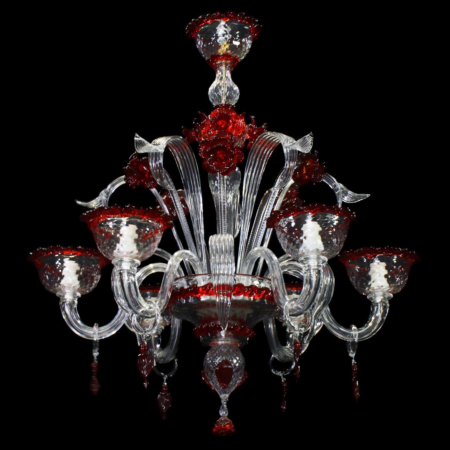 Italian Artistic Chandelier 6 Arms Clear Murano Glass Red Details by Multiforme For Sale