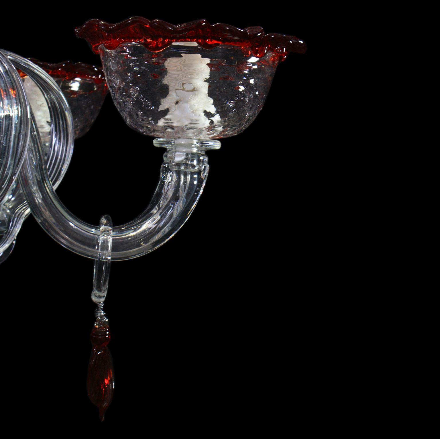 Artistic Chandelier 6 Arms Clear Murano Glass Red Details by Multiforme In New Condition For Sale In Trebaseleghe, IT