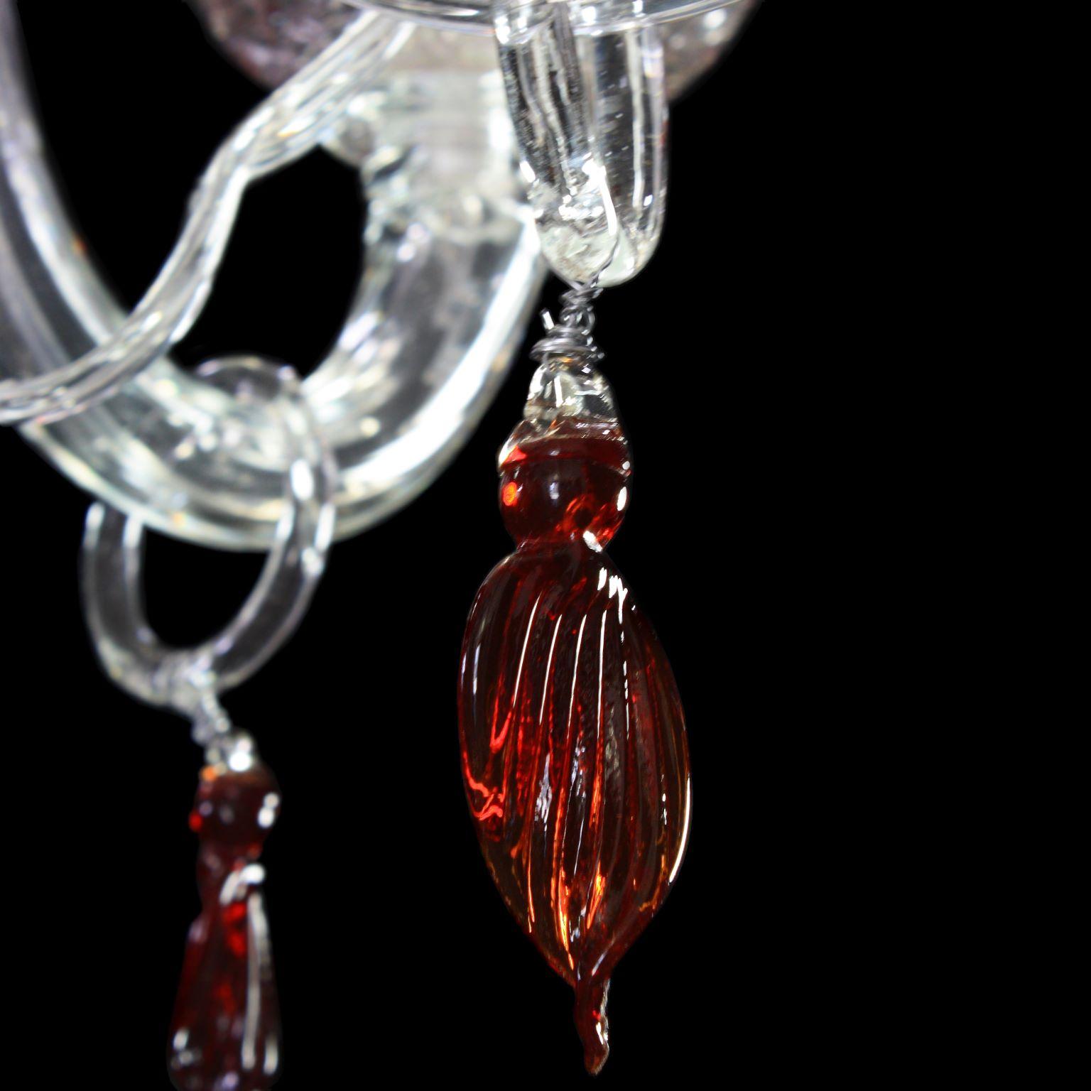 Blown Glass Artistic Chandelier 6 Arms Clear Murano Glass Red Details by Multiforme For Sale