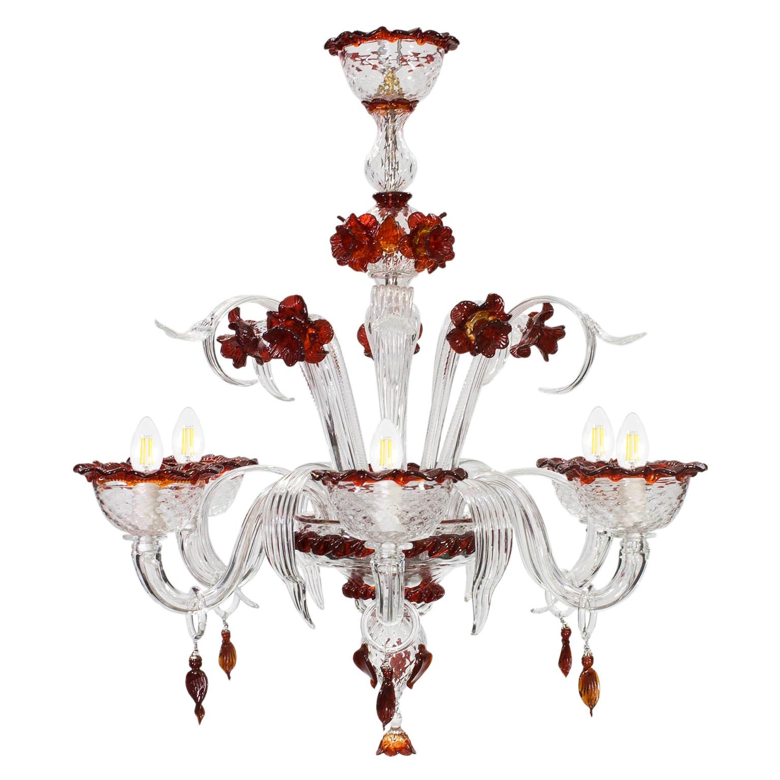 Lustre artistique à 6 bras en verre de Murano transparent avec détails rouges par Multiforme