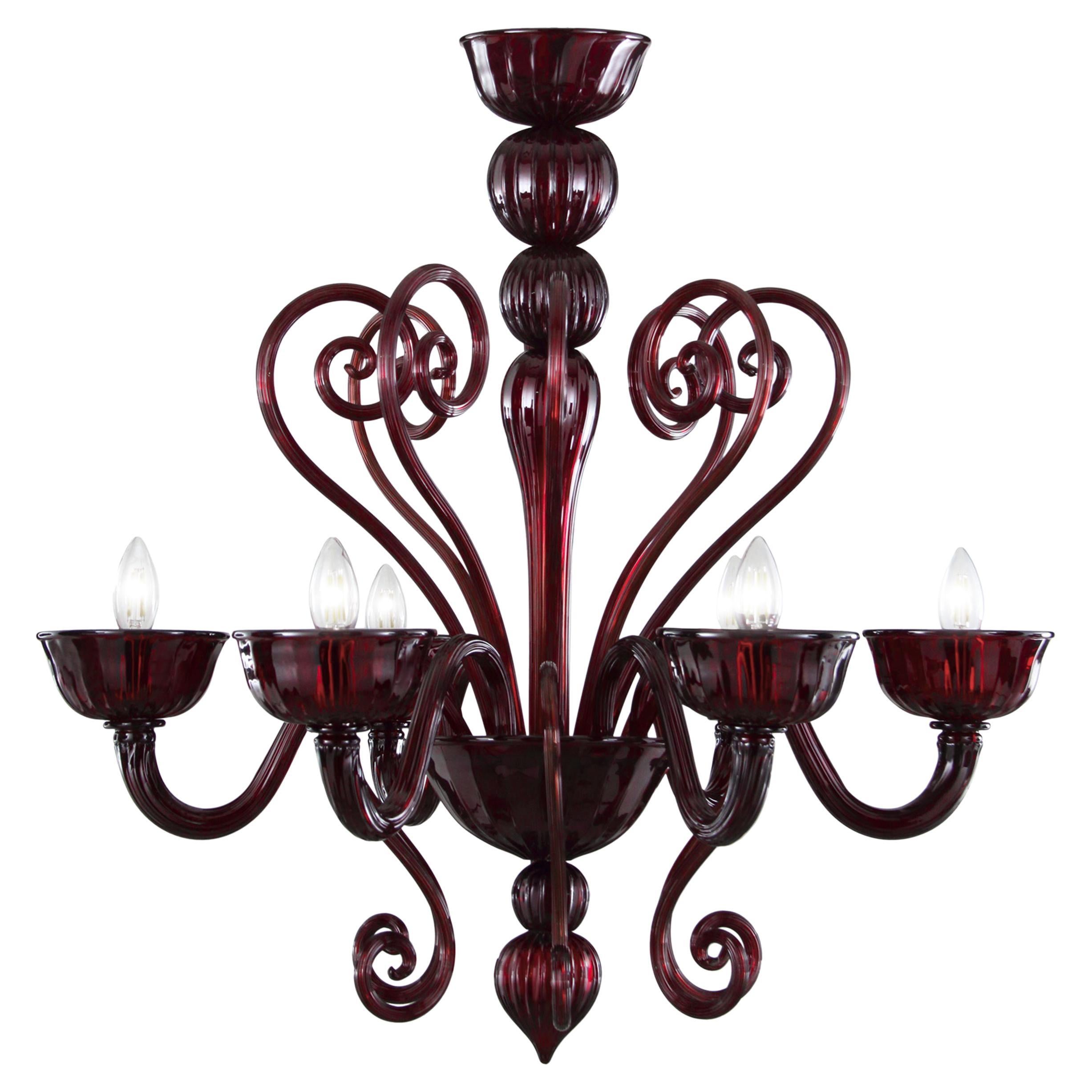 Artistic Chandelier 6 Arms Dark Red Murano Glass Gatsby by Multiforme in Stock For Sale