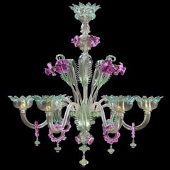 Artistic Chandelier 6 Arms Gold Murano Glass Pink and Gree Details by Multiforme